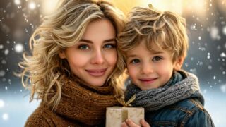 Сын дарит подарок маме на День матери